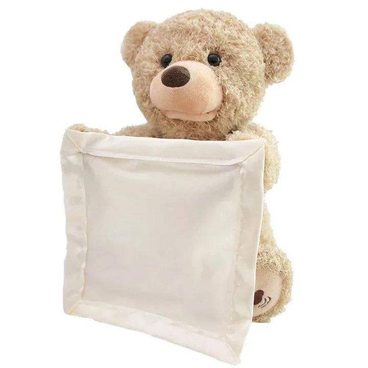 Interactive peek-a-boo bear plush toy for babies. Soft musical stuffed animal, perfect unisex developmental toy gift.
