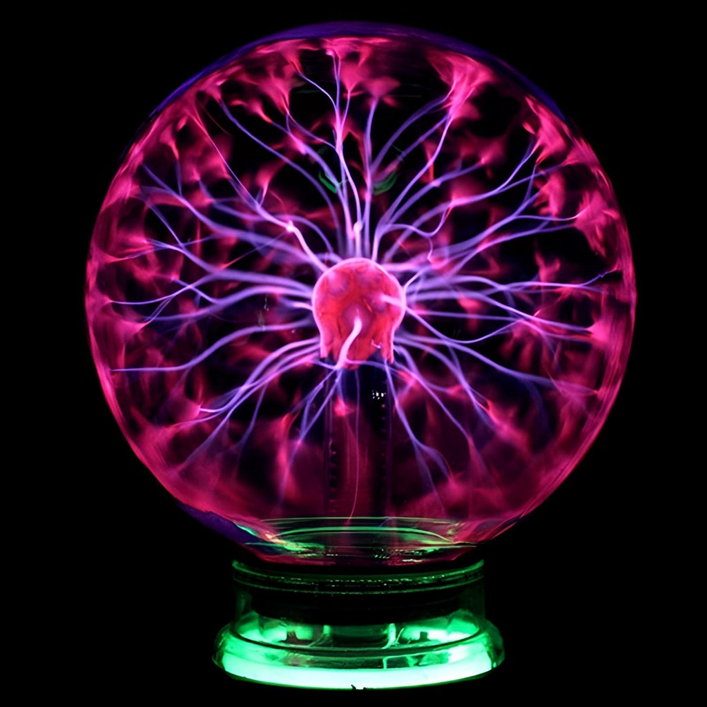 "Interactive plasma globe light with vibrant touch-activated plasma arcs, enhancing home decor with elegant glass design."