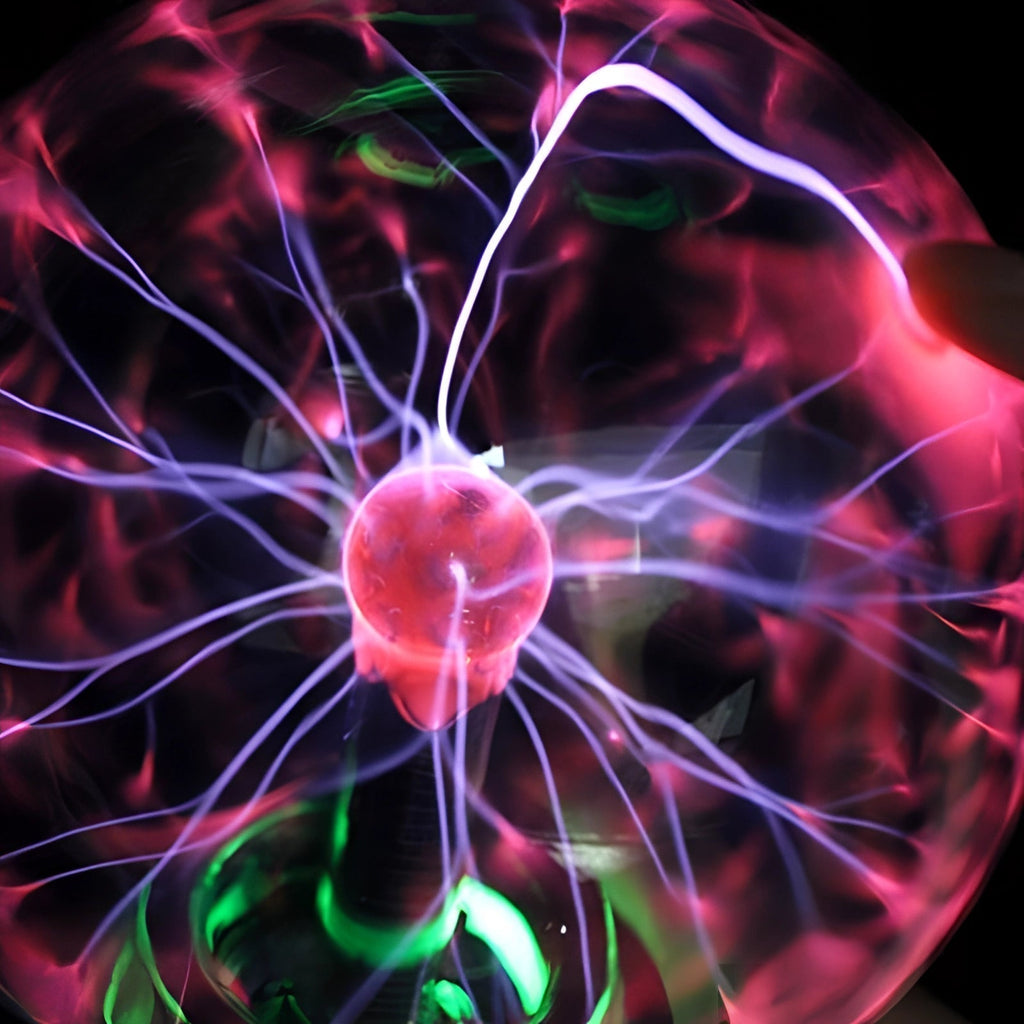 "Interactive plasma globe light with vibrant touch-activated plasma arcs, enhancing home decor with elegant glass design."