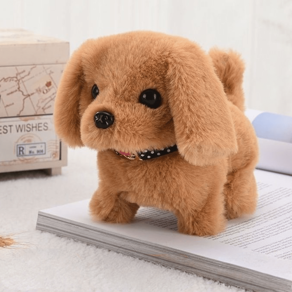 Plush interactive robot puppy, a battery-operated electronic dog toy and companion, perfect gift for children.