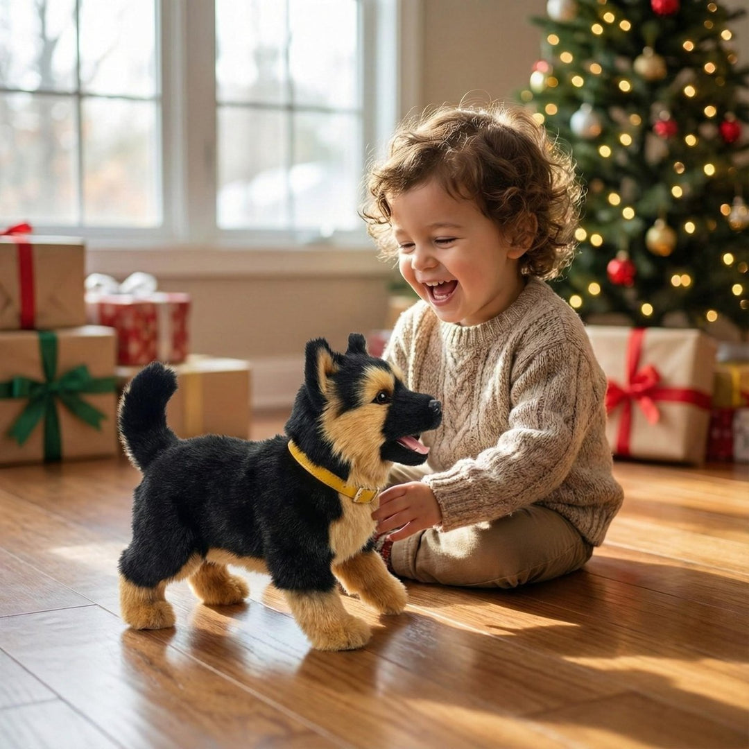 Interactive robot puppy toy for kids, soft plush pet with realistic playful movements & electronic features.