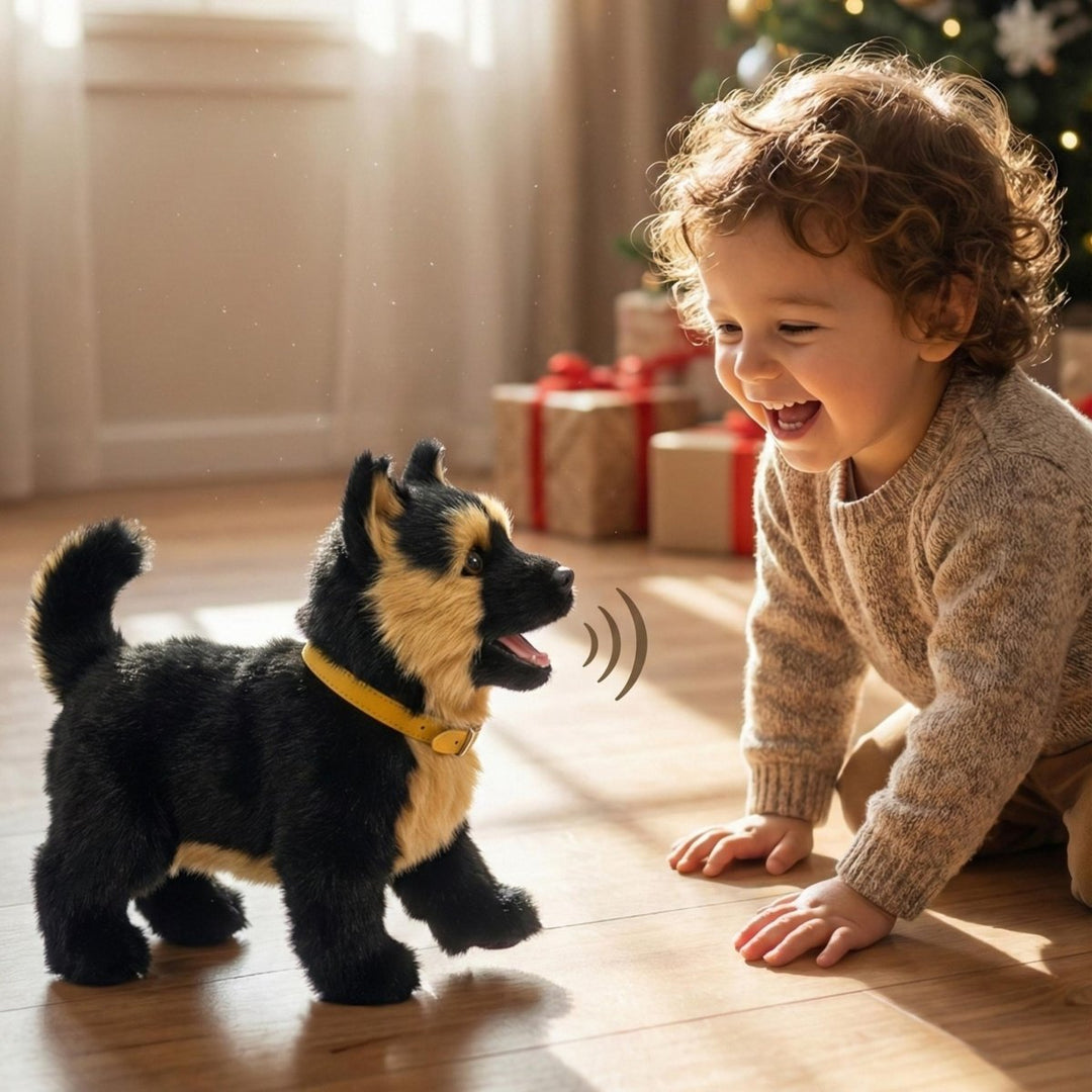 Realistic interactive robot puppy, soft plush electronic pet for children's playful fun & educational play.