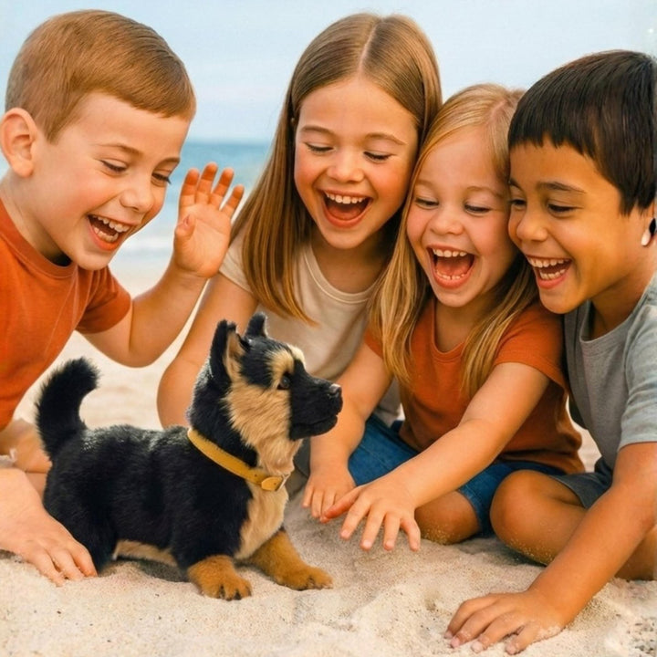 Child playing with realistic interactive robot puppy, a soft electronic pet toy demonstrating playful movements.