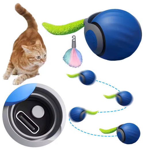 Interactive rolling cat play ball with feather tail, perfect for active indoor cats.