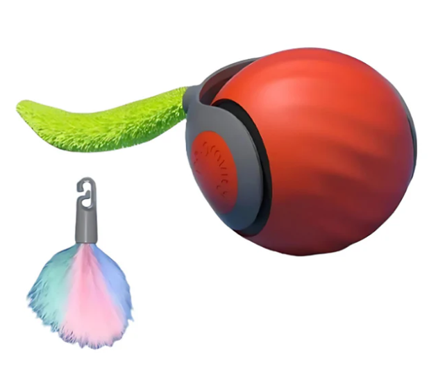 Automatic rolling cat toy ball with feather tail, engaging fun for indoor cats & pets.