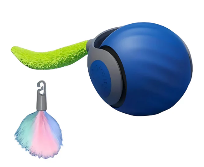 Durable interactive rolling cat ball with feather tail for active play; great pet toy.