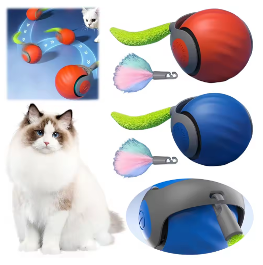 Essential pet supplies: Interactive rolling cat ball with feather tail, ideal for indoor feline play.
