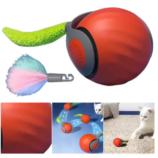 Engaging interactive rolling cat toy ball, featuring a feather tail for stimulating play in active indoor cats.