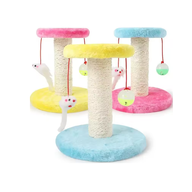 Interactive sisal cat scratching post with attached playful ball & mouse toys for feline entertainment.