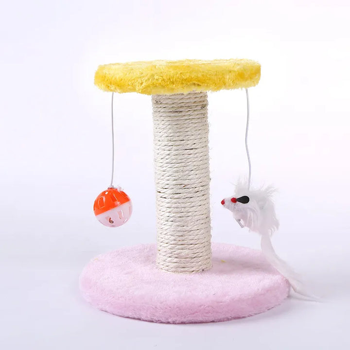 Durable cat scratching post with sisal rope for claw grooming; includes interactive ball & mouse toy to protect furniture.