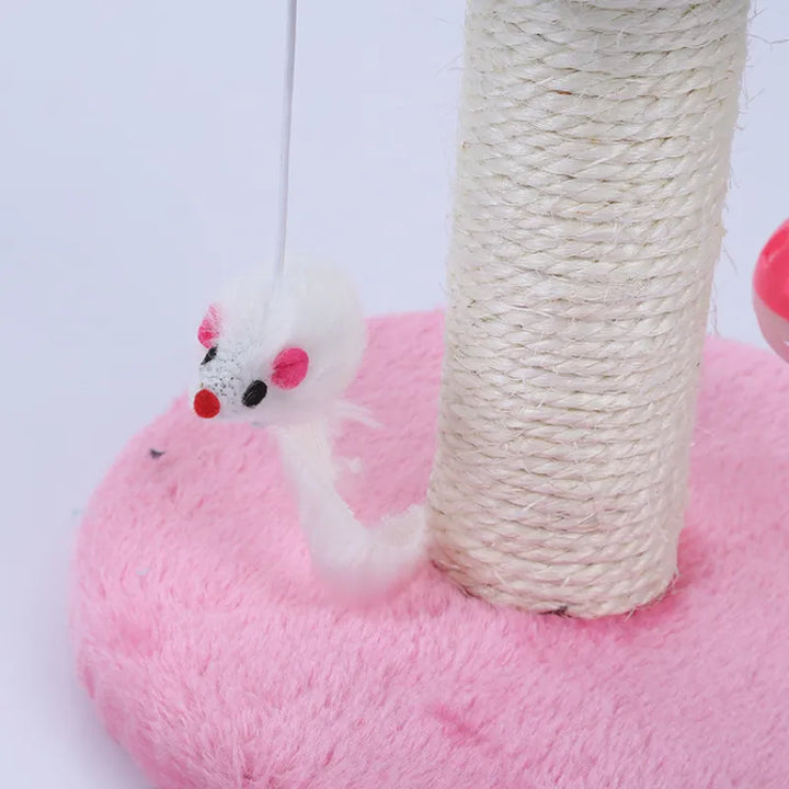 Playful interactive cat scratcher featuring a dangling mouse and bouncy ball; great pet accessory for feline fun.