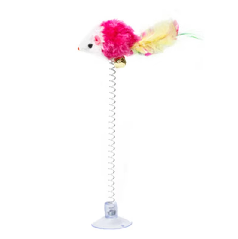 Playful springy mouse interactive cat toy, perfect for kittens, with a strong suction cup for secure attachment.