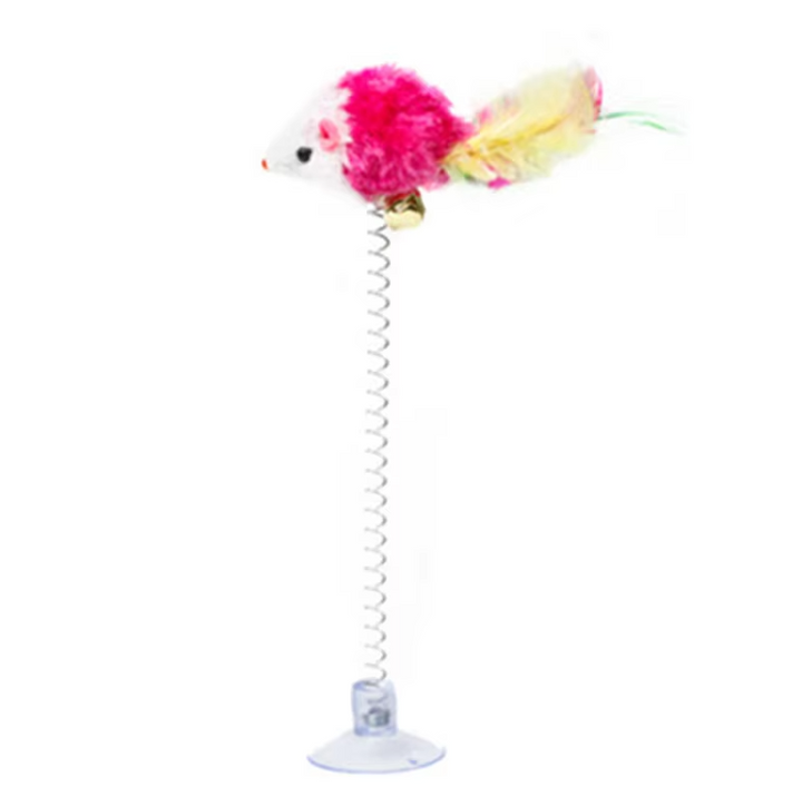 Playful springy mouse interactive cat toy, perfect for kittens, with a strong suction cup for secure attachment.