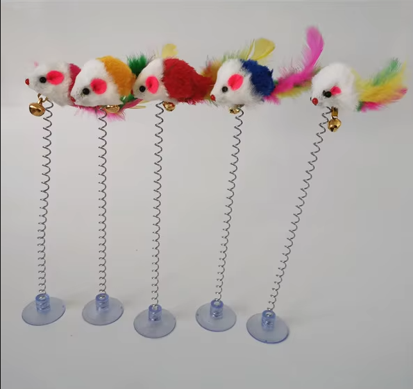 Durable springy mouse cat toy, realistic design, provides interactive fun for cats, strong suction cup.