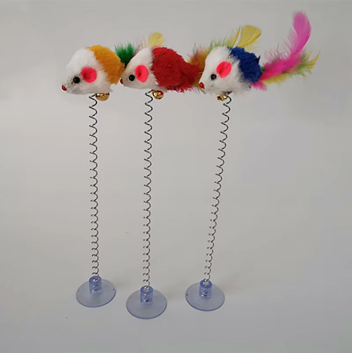 Keeps cats active! Interactive springy mouse toy with suction cup offers hours of stimulating playtime fun.