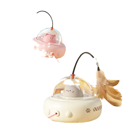 UFO design cat laser toy with feather, offering automatic and interactive mental stimulation for cats.