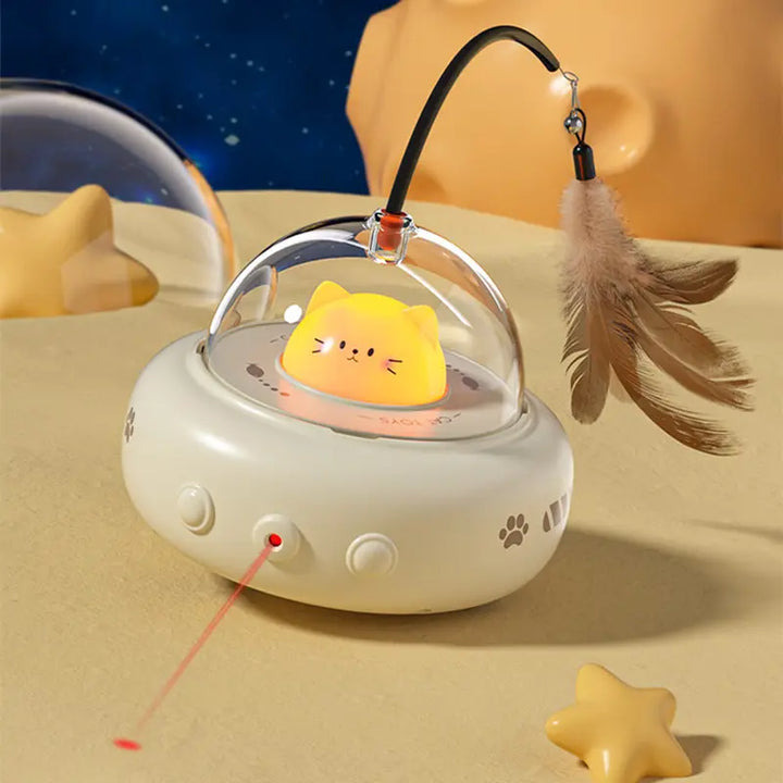Engaging interactive cat toy: UFO laser & feather combo for feline fun, exercise & mental stimulation.