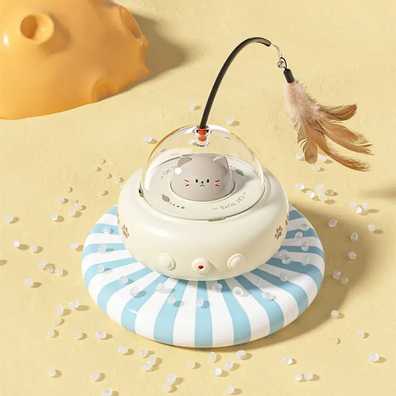 Close-up of interactive UFO cat laser toy. Red dot projects for playful feline exercise & entertainment.
