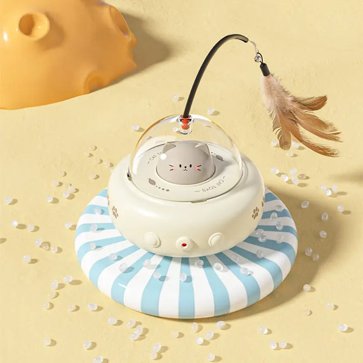 Close-up of interactive UFO cat laser toy. Red dot projects for playful feline exercise & entertainment.