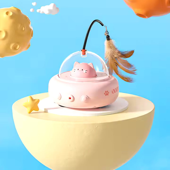 Automatic interactive UFO cat toy with laser pointer & spinning feather for endless feline entertainment.