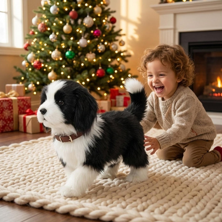 Interactive walking & barking toy dog, soft plush, perfect for realistic play & kids' fun.