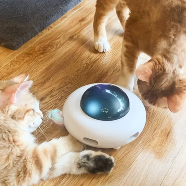 Interactive white cat toy with LED lights & feather tail for playful kittens & active cats. Promotes enrichment.