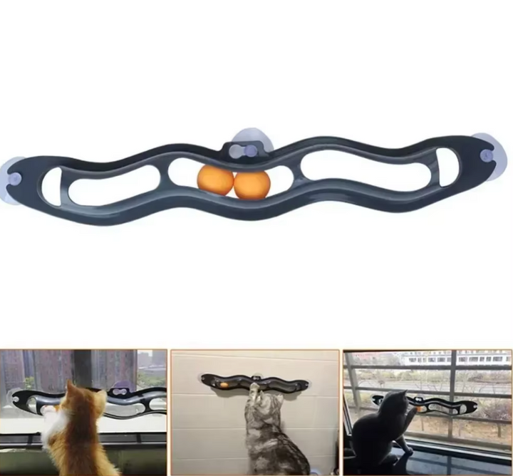 Interactive window cat play track designed for stimulating indoor feline fun, complete with captivating movable balls.