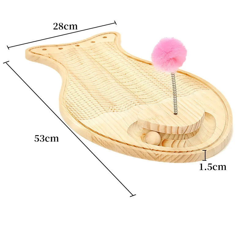 Durable wooden cat scratcher with feather wand & rolling ball for interactive pet exercise.