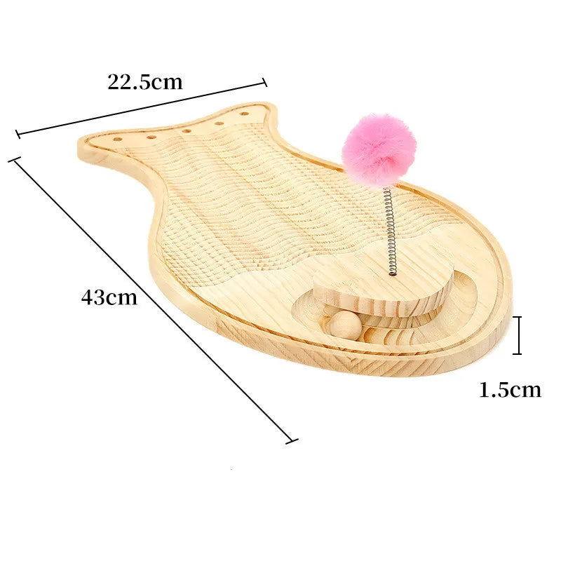 Wooden cat scratching board with feather & ball, perfect interactive cat toy for enrichment & play.