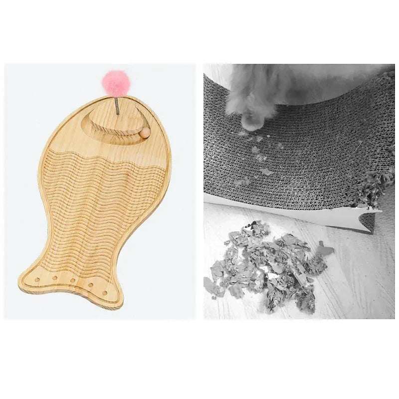 Multi-functional wooden cat toy: durable scratching board, feather, & rolling ball for interactive indoor play.