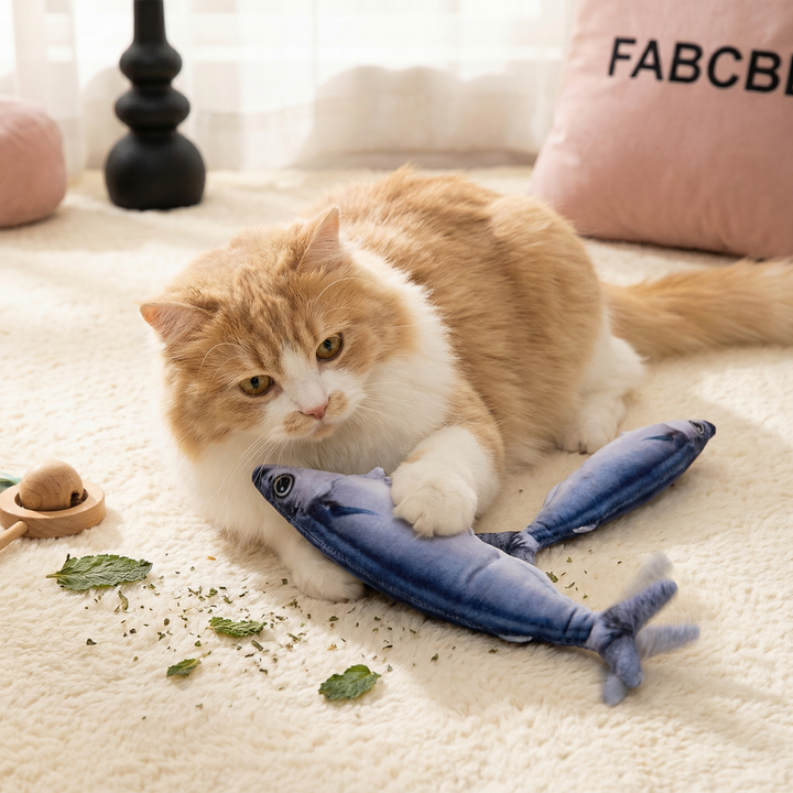 Interactive wriggling fish toy for cats with motion sensor, encourages indoor cat exercise & play.