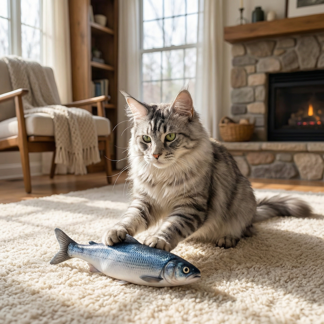Durable cat toy: realistic wriggling fish with motion sensor for feline enrichment & active play.
