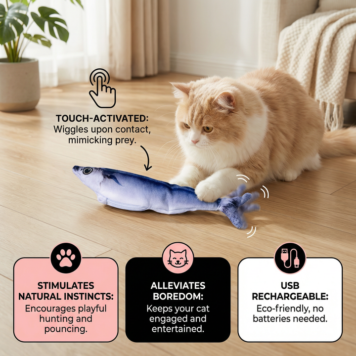 Cat's interactive fish toy wiggles & flops, perfect for indoor cat exercise, play, and enrichment.