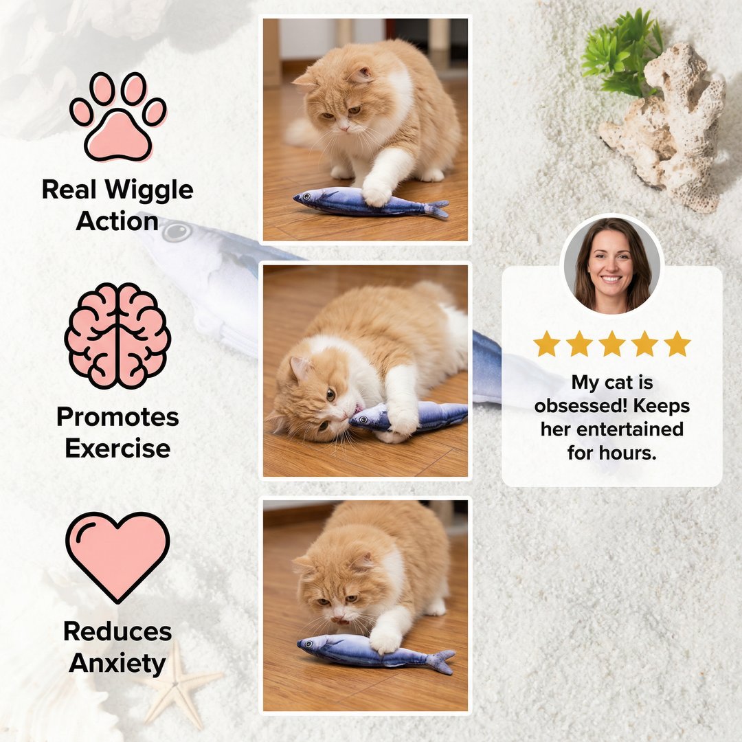 Motion-activated wriggling fish toy, a fun interactive pet supply for energetic cats to play.