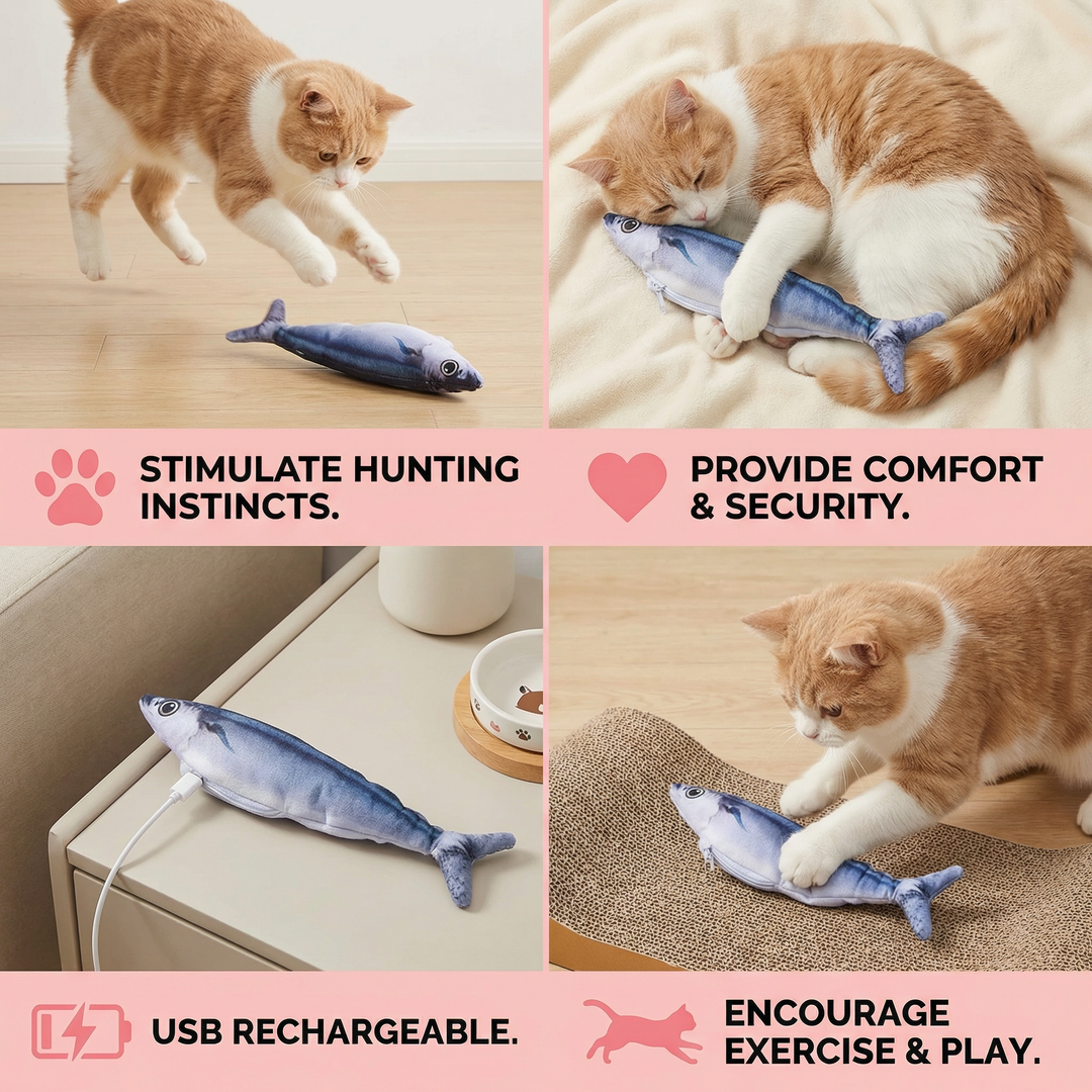 Engaging fish toy for cats, promotes active play and exercise for indoor felines with motion sensor.