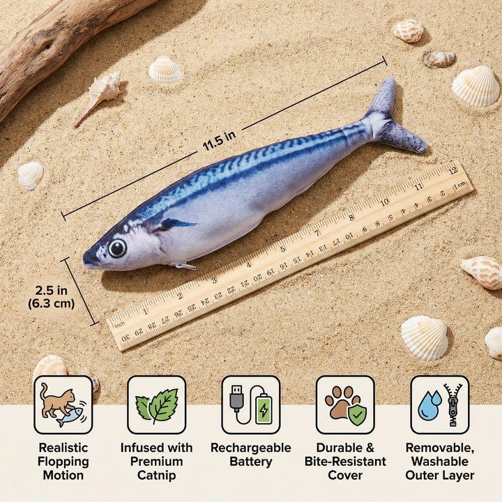 Feline enrichment: interactive wriggling fish cat toy with motion sensor, encourages healthy play.