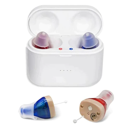 Invisible rechargeable digital hearing aid for discreet clear sound. Comfortable assistive listening device.