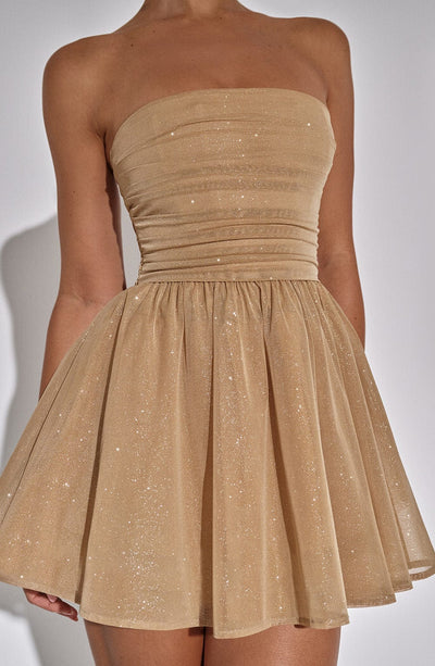 Elegant women's glitter party dress, strapless A-line mini cut. Perfect for evening events.