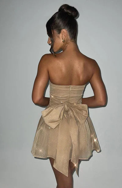 Sparkly A-line strapless mini dress for women. Ideal for parties & celebrations.