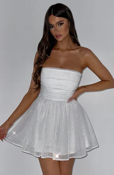 Glamorous women's strapless glitter mini dress. A-line party outfit for special occasions.