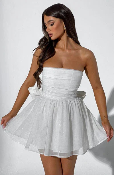 Dazzling A-line strapless mini dress with glitter. Perfect women's party wear, flared style.