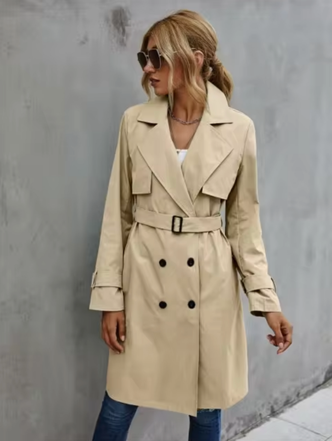 Stylish women's belted trench coat in khaki, featuring a timeless double-breasted design.