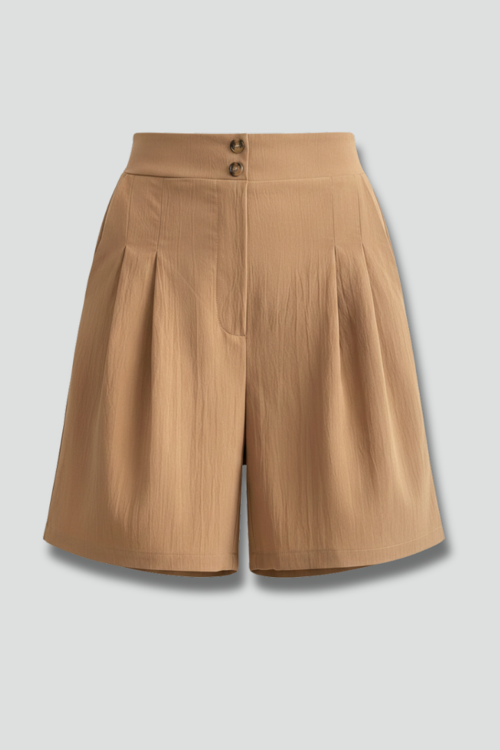 Khaki high waist pleated tailored shorts for women, perfect for stylish summer wear.