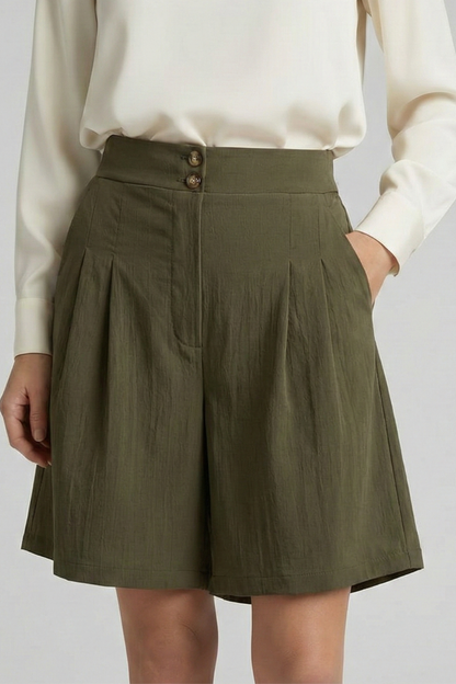 Women's high waist pleated tailored shorts in khaki, a versatile summer staple.