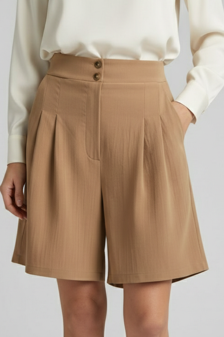 Close-up of a model wearing khaki high waist pleated tailored shorts, showcasing pleats.