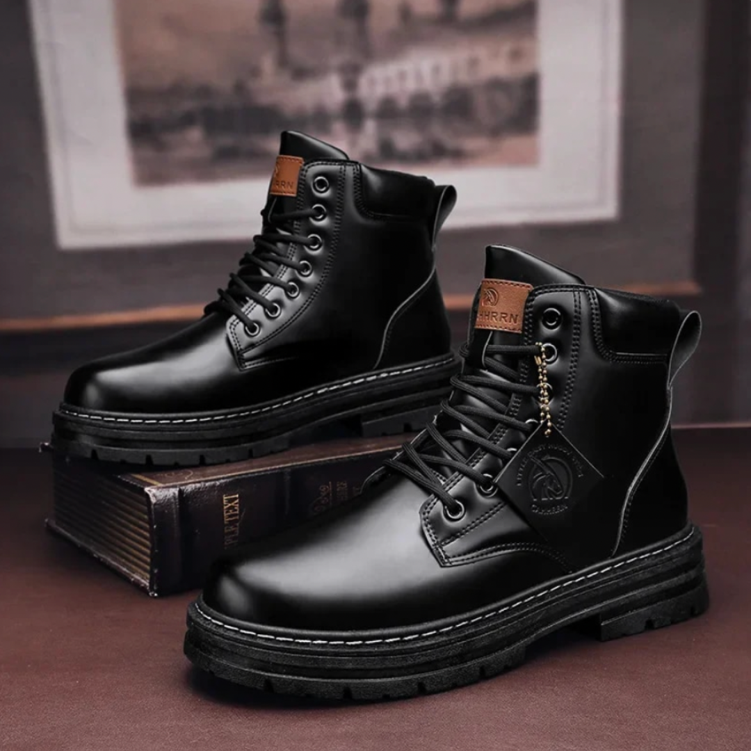 Black men's durable hiking boots with strong laces, ideal for rugged outdoor trails.