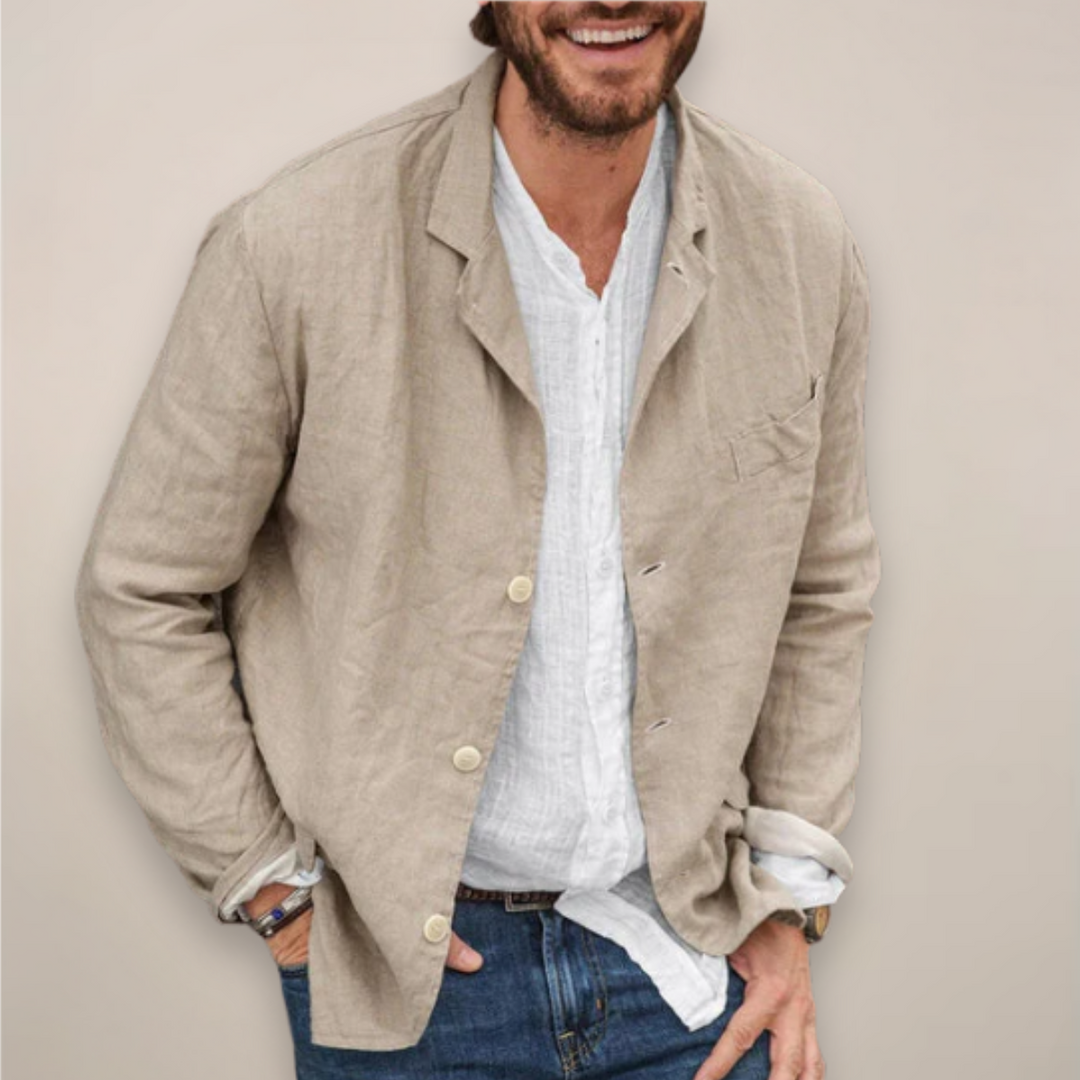 Khaki men's relaxed fit blazer jacket, perfect for a casual summer look.