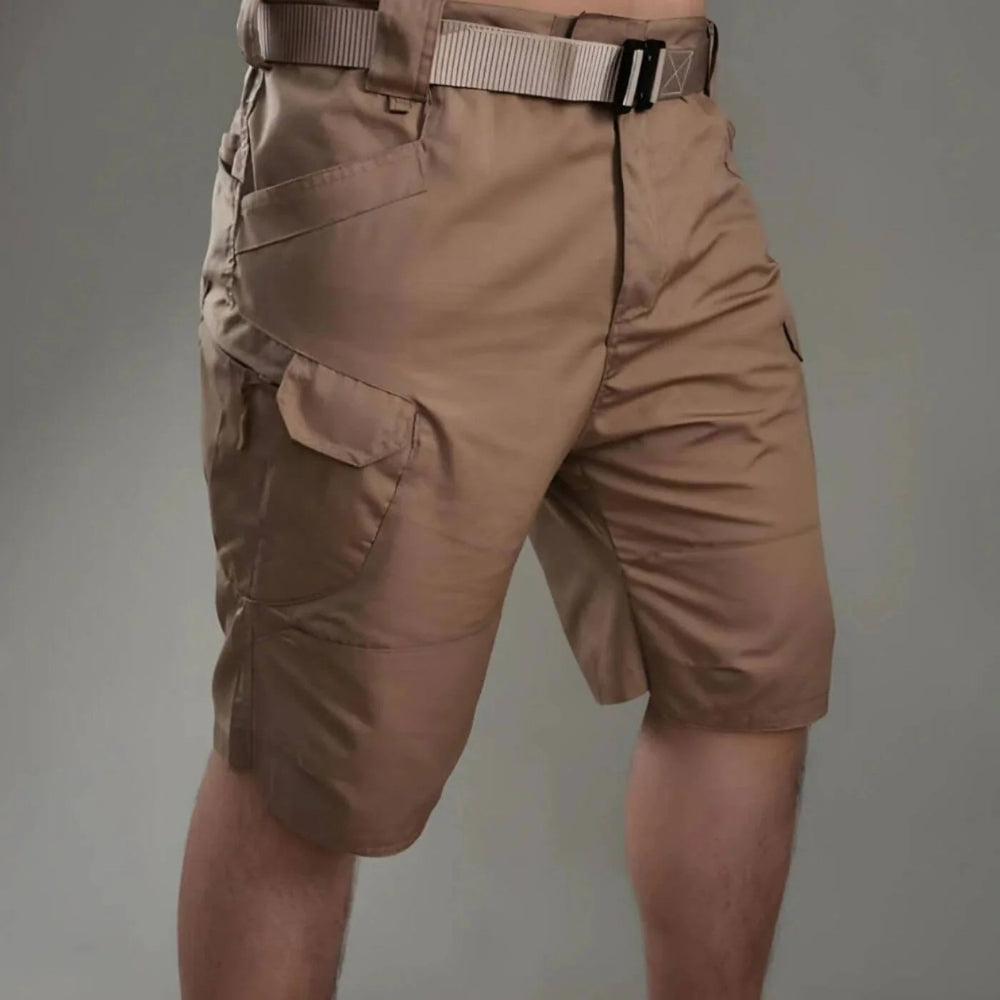 Khaki men's utility cargo shorts, multi-pocket design, perfect for outdoor adventures & functional everyday wear.