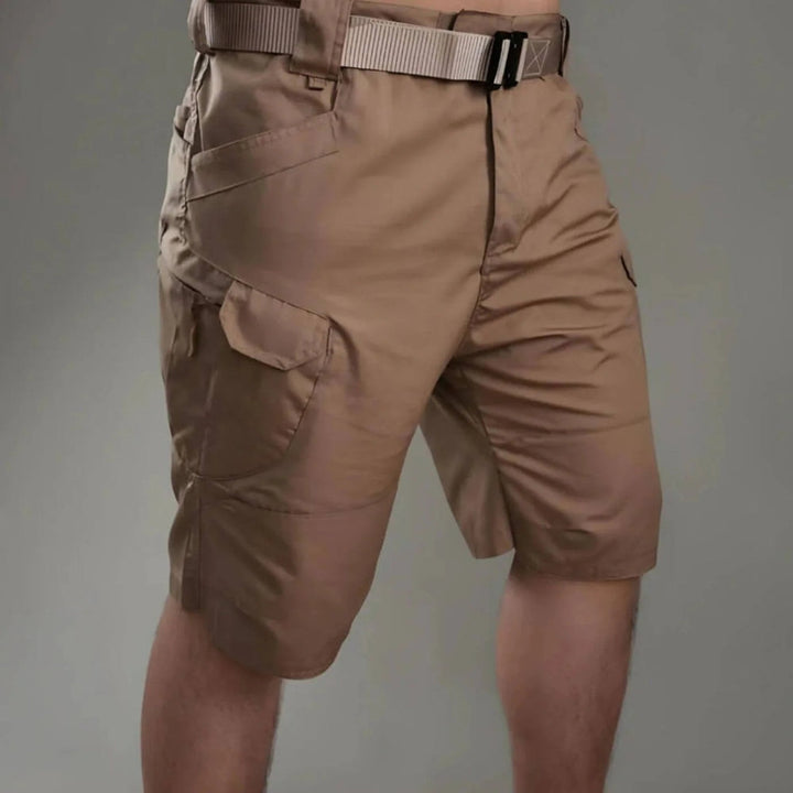Khaki men's utility cargo shorts, multi-pocket design, perfect for outdoor adventures & functional everyday wear.