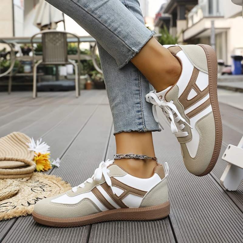 Pair of khaki and white orthopedic walking shoes, designed for comfort and foot health